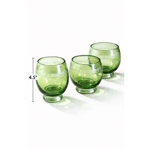 Set of 4 Hand Blown Green Glass Goblets Etched Dot Band Heavy Art Glass